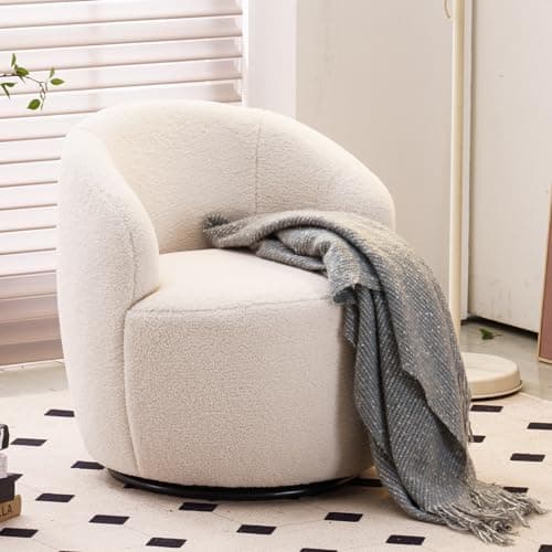 Image of DEKKETO Teddy Swivel Cuddle Chair, Round Accent Tub Armchair with 360° Rotating Metal Base, Comfy Cozy Boucle Chair Sofa Reading Chair for Living Room Bedroom, Ivory