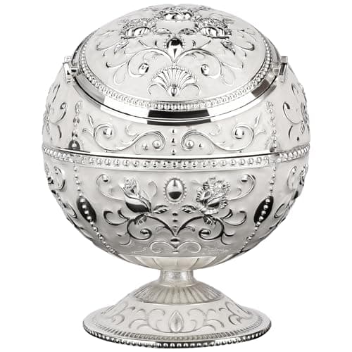 Image of Kepfire Silver Ashtray with Lid,Vintage Engraved Windproof Ash Tray,Metal Globe Portable Cigarette Holder for Office Hotel Home Indoor Outdoor Use