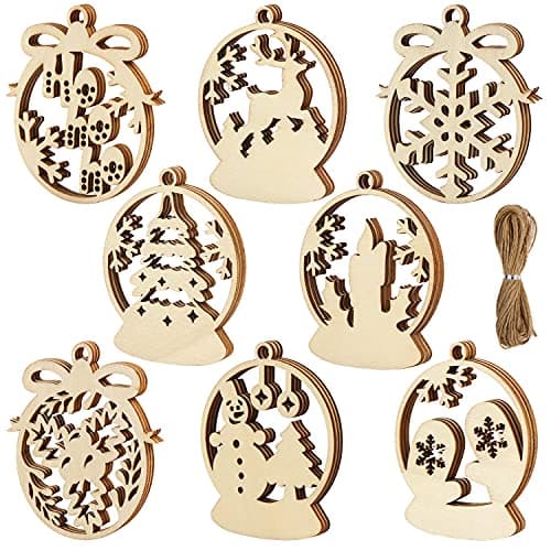 Image of FINGOOO 24 pieces Christmas Wooden Slices Gift Tag DIY Hanging Craft Ornaments with 11 metres Hemp String for Christmas Decorations