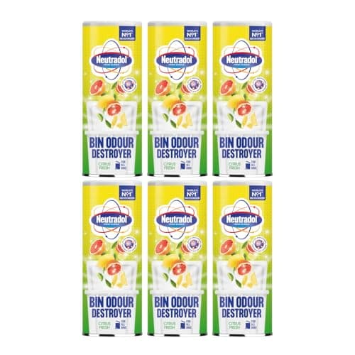 Image of Neutradol Dustbin Odour Destroyer, Bin Freshener Deodorising Powder, Odour Eliminator for Indoor & Outdoor Bins, Citrus Fresh Multipack of 6 x 350g