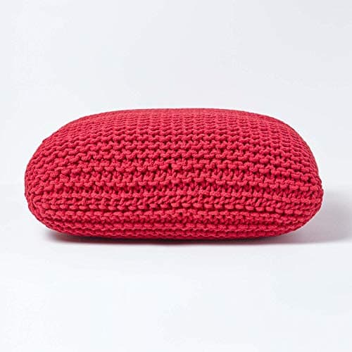 Image of HOMESCAPES Red Knitted Square Pouffe Footstool Floor Cushion Bean Filled 100% Cotton for Living Room Children or the Elderly