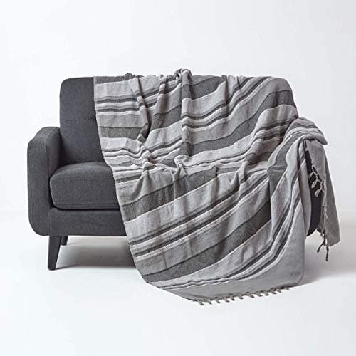 Image of HOMESCAPES Light Grey Throw “Morocco” Cotton Textured Stripe Throw 150 x 200cm Bedspread Sofa Throw Handmade Suitable for Armchairs and 2 Seater Sofas or Single and Double Beds Machine Washable
