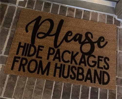 Image of Ecosides Please Hide Packages from Husband, Door mat, Funny Doormat, Wedding Gift, Housewarming Gift, Home Doormat, Welcome mat, Cursive Doormat