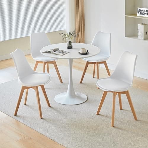 Image of Nera 90cm Round Wooden Dining Table and Chairs Set 4 with Padded Seat Cushions & Sturdy Wooden Legs for Home Office Kitchen (Table with 4 White Chairs, White Table)