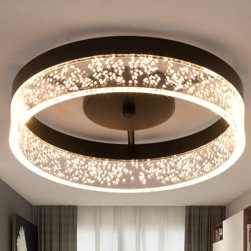 Image of Qcyuui LED Ceiling Light, 20W Flush Mount Kitchen Lighting Black with Clear Seeded Acrylic Lampshade,Round Ceiling Lamp Lights for Hallway Dining Room