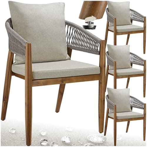 Image of tectake® Set of 4 Garden Chairs in Varnished, Weather-Resistant Acacia Wood, Stable Armchair Set with Durable Weave & Soft, Water-Repellent Cushions, Outdoor Chairs for Garden, Patio, Balcony - Greige