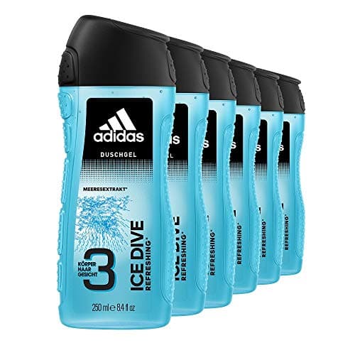 Image of adidas Ice Dive Shower Gel with 3-in-1 Formula for Face, Body and Hair and a Long-lasting Fresh Feel, Shower Gel Set in 6 Pack (6 x 250 ml)