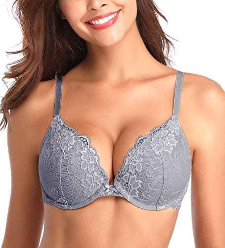 Image of Deyllo Women's Push Up Lace Bra Sexy Deep V Lift Up Bra Underwire Padded Comfort Everyday Bra(Unique Grey,34C)