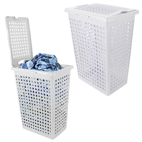Image of 48L Plastic Slimline Bathroom Washing Basket Laundry Linen Hamper Storage Clothes Bin Hinged Lid Rattan Style (White)