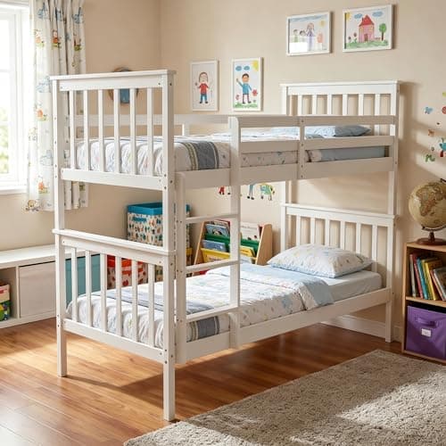 Image of Panana Bunk Bed 3FT Single Wooden Bunky Sleeper Bed,Sturdy Safety Guardrail Kids High Sleeper Bed With Ladder For Kids, Children (White, Can Split in to 2 single beds)