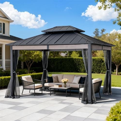 Image of SUNJOY 3.6 x 3 m Hardtop Metal Garden Gazebo, 2-Tiers Steel Roof, with Mosquito Netting & Wood-Look Beams, UV Resistance, Outdoor Heavy-Duty Patio Shelter