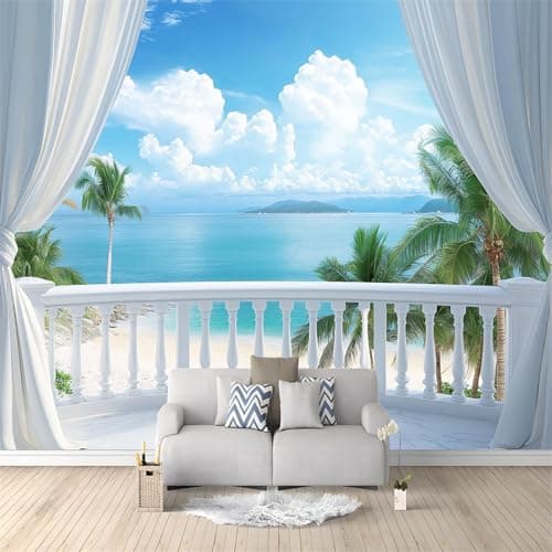 Image of Wall Mural Tropical Beach Scenic Sea Clouds Non-Woven Art Print Photo Wallpaper Decor, Living Room Kitchen Dining Room Bedroom, Wallpaper 300 x 210 cm, White Blue Balcony View 3D Effect