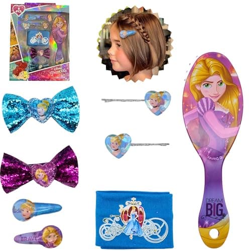 Image of Disney Princess Girls Hair Accessories Gift Set – 8 Pcs Including Sequin Bow Clips, Hair Brush, Colorful Hair Wrap Band – Styling Tools for Kids – Birthday Gift for Girls Ages 3 and Up