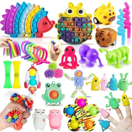 Image of Lubibi Fidget Toys Set,31 Pcs Fidget Pack For Anxiety Relief Stress Sensory Toys Fidget Box with Finger Puppets Bubble Pop Stress Ball Birthday Party Favors for Kids and Adults