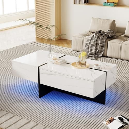 Image of BTM High-Gloss Coffee Table, White Marble-Effect Structure with Matching Black Risers, Living Room Furniture, 100 * 50 * 34.5cm, with App-Controlled LED Lighting System
