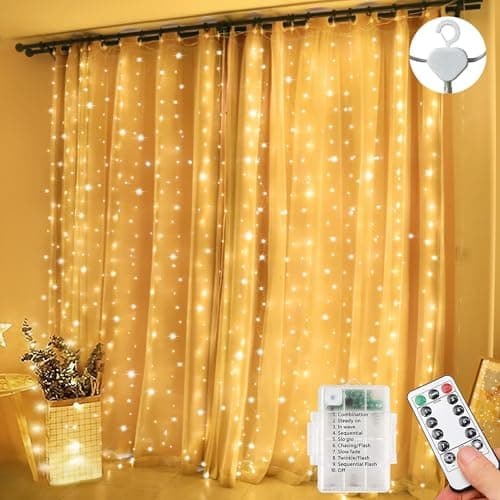 Image of Lezonic Curtain Fairy Lights, 3m x 3m 300LED Battery Curtain Lights, 8 Modes Fairy Lights Battery Operated with Remote for Indoor/Outdoor, Window, Bedroom, Wedding, Party, Christmas(Warm White)