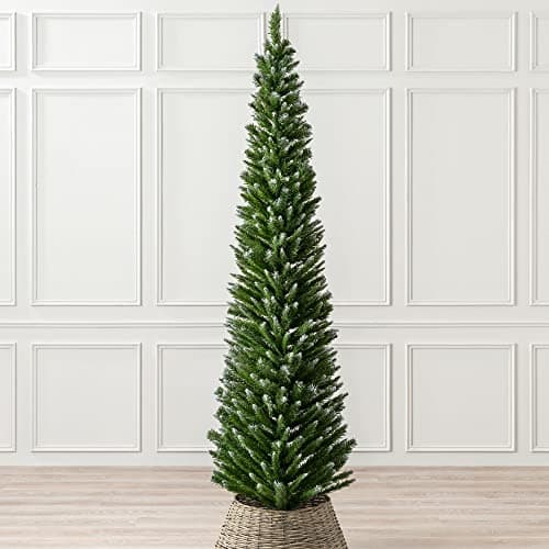 Image of Christow Frosted Pencil Christmas Tree 7ft, Artificial Slim Snowy Spruce, Indoor Home Xmas Decoration, Natural Looking Dual Tone PVC Needles, Easy Assembly with Stand (tree skirt not included)