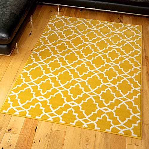 Image of Ochre Yellow Moroccan Geometric Trellis Rug Durable Living Room Bedroom Lounge Hallway Rugs 80cm x 150cm