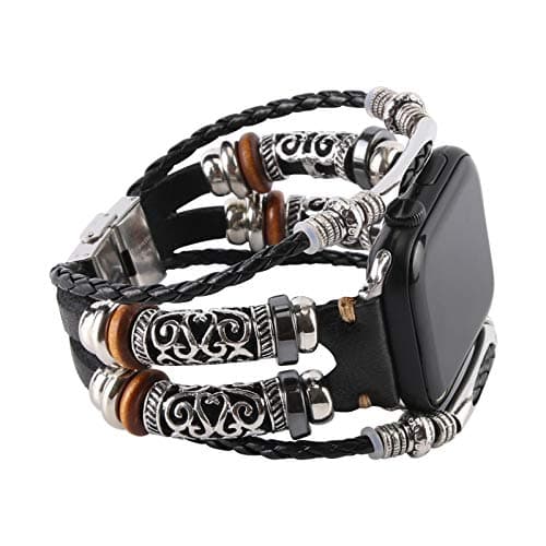 Image of Konafei Compatible with Apple Watch Straps 44mm 45mm 42mm 40mm 41mm 38mm iwatch Series SE 7 6 5 4 3 2 1, Leather Boho Bracelets Jewelry Metal Cuff Retro Strap for Men&Women (Black, 38/40/41mm)