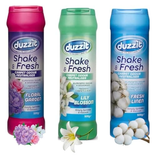 Image of Shake and Vac Powder Carpet Freshener, Odour Eliminator, Carpet Odour Neutraliser, Shake and Fresh Carpet Powder, Multipack Bundle 3 x 500g Lily Blossom, Fresh Linen, Floral Garden, Carpet Deodoriser