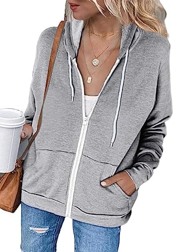 Image of Jhsnjnr Women's Long Sleeve Zip Up Hoodies Casual Lightweight Jackets Drawstring Sweatshirt with Pockets Grey