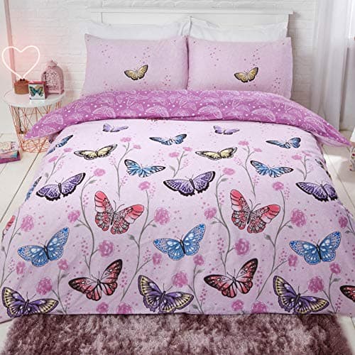 Image of Dreamscene Double Duvet Set, Ultra Soft Warm Cosy Vibrant Butterfly Design Bedding Sets Luxurious Reversible Double Quilt Cover Set with Pillowcases - Purple