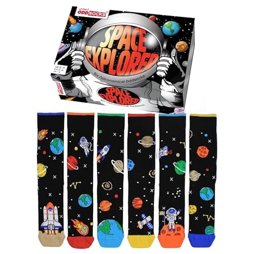 Image of United Oddsocks Space Explorer Gift Box for Men – 6 Mismatched Galaxy-Themed Socks – Rockets, Planets & Stars – 15 Mix & Match Combos – UK 6–11, US 13.5–8, EU 30.5–38.5 – Cotton Rich Socks