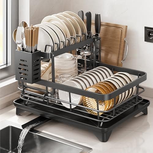 Image of CeruleTree Dish Drainer Rack, Detachable 2 Tier Dish Rack with Drip Tray, Large Capacity Dish Drying Rack with 360° Swivel Drainage Spout, Space-Saving for Kitchen Counter, Black