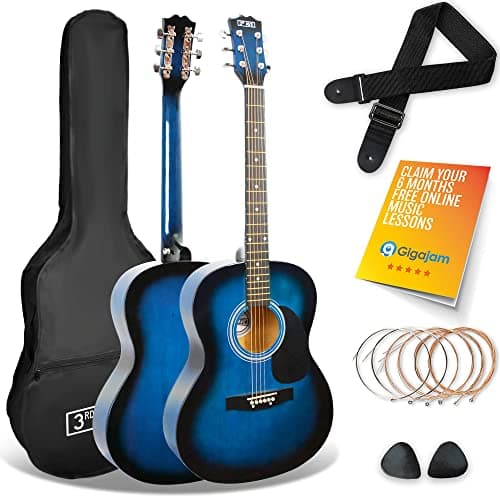 Image of 3rd Avenue Full Size 4/4 Acoustic Guitar Steel String Pack Bundle for Beginners - 6 Months FREE Lessons, Bag, Picks and Spare Strings - Blue