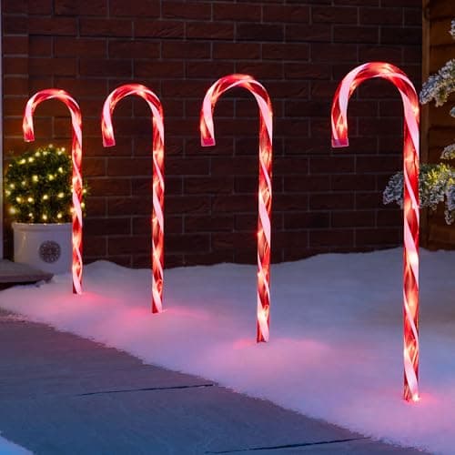 Image of Christow Candy Cane Christmas Lights, Outdoor Path Stake Decorations, Flashing LED, Battery Operated with Timer, Set of 4 x 58cm (Red & White)