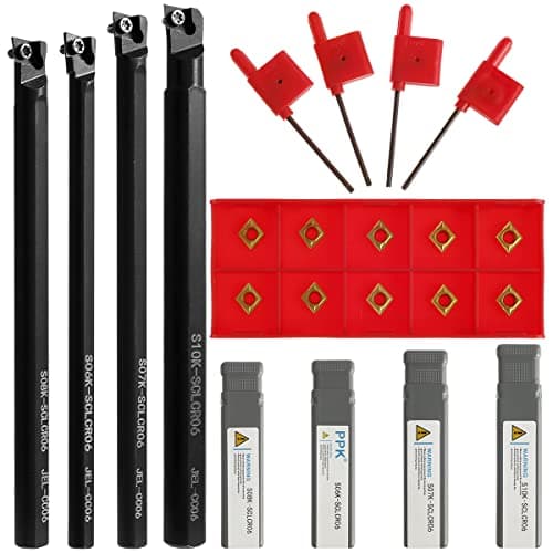 Image of Caffney Lathe Boring Bar Turning Tool Turning Tools Holder Set S06K/S07K/S08K/S10K-SCLCR06 Lathe Turning Tools Holder Set with 10Pcs Carbide Inserts CCMT060204 and 4Pcs Wrenches