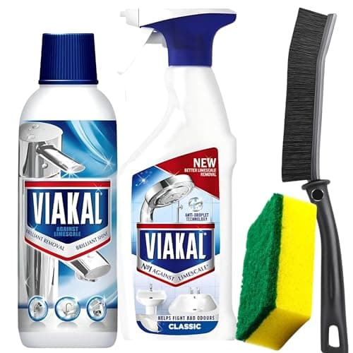 Image of Limescale Removing Bundle Set– Viakal Original Limescale Remover Spray 500ml & Cleaning Liquid 500ml with Crevice Brush & Scrub Sponge for Bathroom, Shower & Toilet Cleaner Set