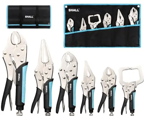 Image of SHALL 6-Piece Locking Pliers, Vice Grips Pliers Set, 5",7" & 10" Curved Jaw, 6-1/2" & 9-1/2 Long Nose Locking Pliers, 6" Locking C-Clamp, Two-Color TPR Handle, Roll Up Pouch Included