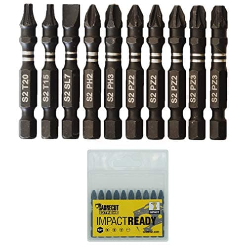 Image of 10 x SabreCut SCPC50_10 50mm PZ2 PZ3 PH2 PH3 SL7 T15 T20 Impact Screwdriver Driver Bits Set Single Ended Pozidriv POZI Phillips No.2 No.3 Slotted No.7 Torx 15 12 Heavy Duty Including Storage Box