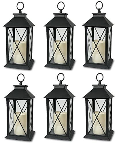 Image of Decorative Black Lantern with Cross bar Design - LED Flickering Flameless Pillar Candle with 5 Hour Timer Included - Indoor/Outdoor Lantern - 13" - Pack of 6