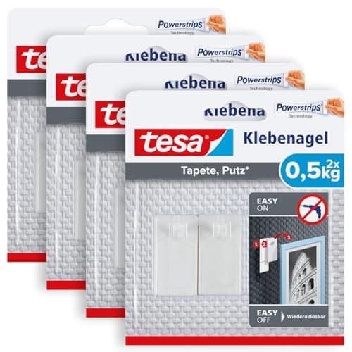 Image of tesa 77772-00500-00 Klebenagel Wallpaper and Plaster Pack of 4-Self Sensitive Surfaces-Residue--Up to 0.5 kg Holding Capacity per 4 x 2 Adhesive Nails, White, Kleben鋑el