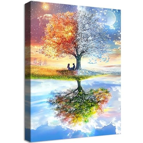 Image of Wooden Framed Canvas Wall Art Four Season Tree of Life Painting on Canvas Prints Poster Blue Sky and White Clouds Pictures for Living Room Bedroom Home Office Hallway Corridor Wall Decor 30x40cm