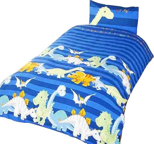 Image of Rapport Home Kids Dinosaur Single Duvet Cover Set - Blue Polycotton Bedding for Boys & Girls - Fun Dino Pattern, 135x200cm Duvet & 50x75cm Pillowcase