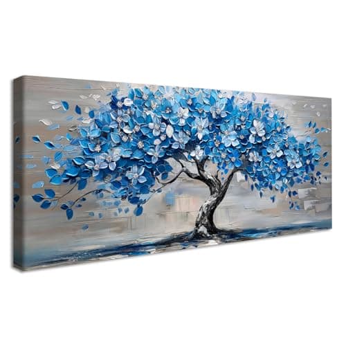 Image of Framed Large Canvas Wall Art For Living Room Abstract Tree of Life Painting Wall Decor For Bedroom Blue Flower Tree Picture Canvas Prints Office Dining Room Artwork Hotel Mural Home Decor 50x120cm