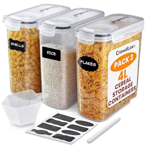 Image of CrowdLox Cereal Storage Containers 4L Food Grade and BPA Free Sets with Lids and Labels Kitchen Storage & Organisation Food Containers Large Kitchen Organiser for Cornflakes (Pack of 3)