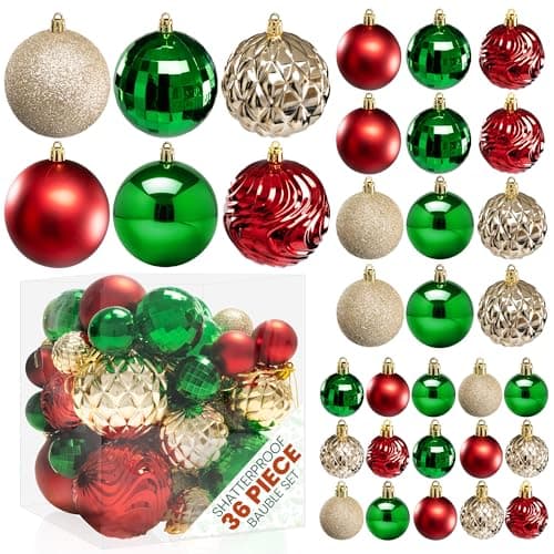 Image of Pelle & Sol 36-Piece Christmas Decorations Bauble Set - Shatterproof Christmas Tree Decorations - Glitter, Disco Ball, Swirl Designs - Christmas Baubles in Assorted Sizes - Red, Green, Gold