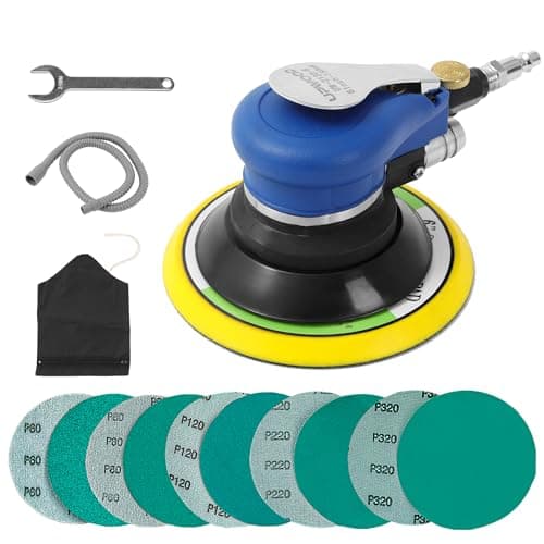 Image of UPWOOD 6 Inch Air Random Orbital Sander, Self-Vacuum with Hose & Dust Bag, 150mm Pneumatic Palm Sander with 10 Green Dry Sandpapers (60–320 Grit) for Auto Body & Woodworking