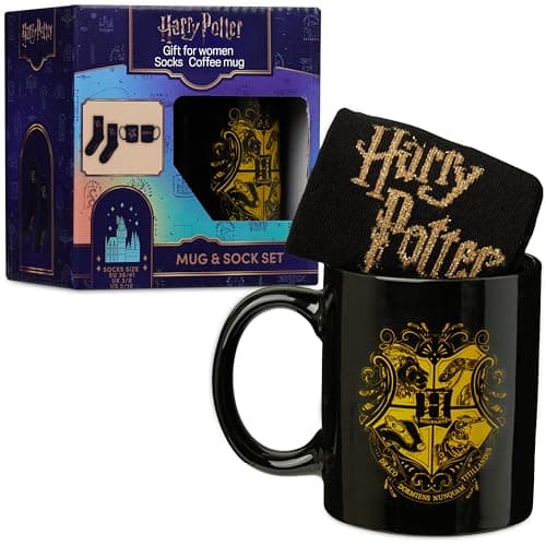 Image of Get Trend Harry Potter Mug & Socks Gift Set for Teens & Women, 340ml/11.5oz Ceramic Tea Coffee Cup & Casual Calf Length Socks, Hogwarts Gifts for Her (Black Harry Potter)