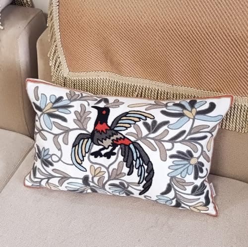 Image of ZUODUTEX Black Fire Phenix Cotton Cushion Case Grey Bird Cushion Covers 30 X 50 Cm Rectangle Cushion Cover Bohemia Style Pillow Sham Embroidered Throw Pillow Cover 12 x20 Inch Gray
