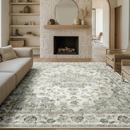 Image of HUGEAR Vintage Rugs Living Room Green Large Area Rug 200x300cm Non Slip Washable Hall Lounge Bedroom Kitchen Office Dining Room Indoor Carpet Low Pile Big Carpets