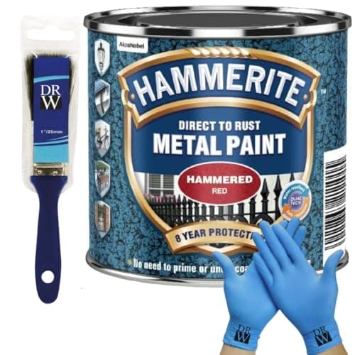 Image of DRW Hammerite Direct to Rust Metal Paint Hammered Red 250ml 1" Paint Brush & Free Nitrile Gloves | Durable Anti-Rust Protection for Indoor & Outdoor Metal