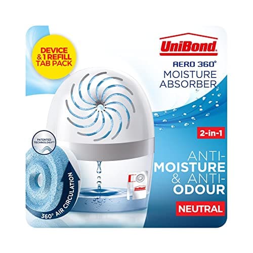 Image of UNIBOND AERO 360º Moisture Absorber, Ultra-Absorbent Dehumidifier, Helps to Prevent Condensation, Mould & Musty Smells, Refillable Condensation Absorber, 1 Device incl. 1 Refill Tab 450g