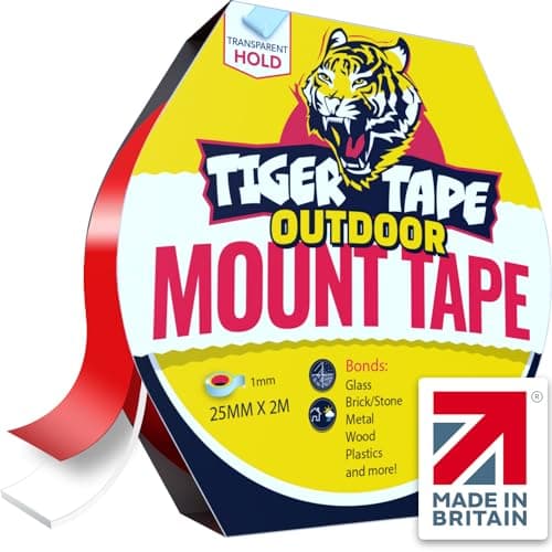 Image of Tiger Tape® UK Made. Outdoor Double Sided Mounting Tape | Clear Heavy Duty Waterproof Tape for Brick, Glass, Metal, Plastics | Quick & Easy, No Screws, Nails, or Glue Needed | Permanent