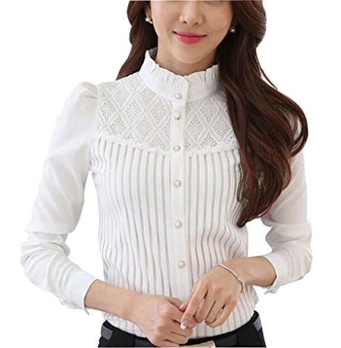 Image of Putaowor Womens Chiffon Vintage Stand Collar Button Down Shirt Long Sleeve Lace Blouse with Stretch White UK 8