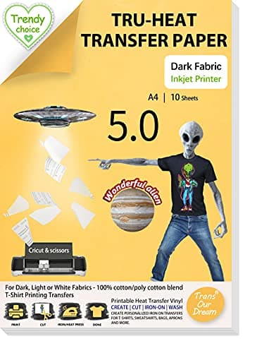 Image of TransOurDream Tru Heat Transfer Paper for Dark T Shirts & Fabrics (10 Sheets A4, Dark 5.0) Iron On Transfer Paper with Inkjet Printer Easy to Cricut Bright Colors Printable htv (Trans-05-10)